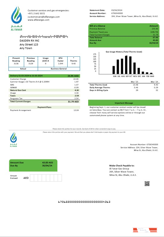 UAE Al Fanar Gas Group business utility bill template in Word and PDF formats